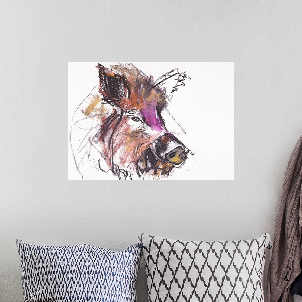 A bohemian room featuring Contemporary wildlife painting of a wild boar.