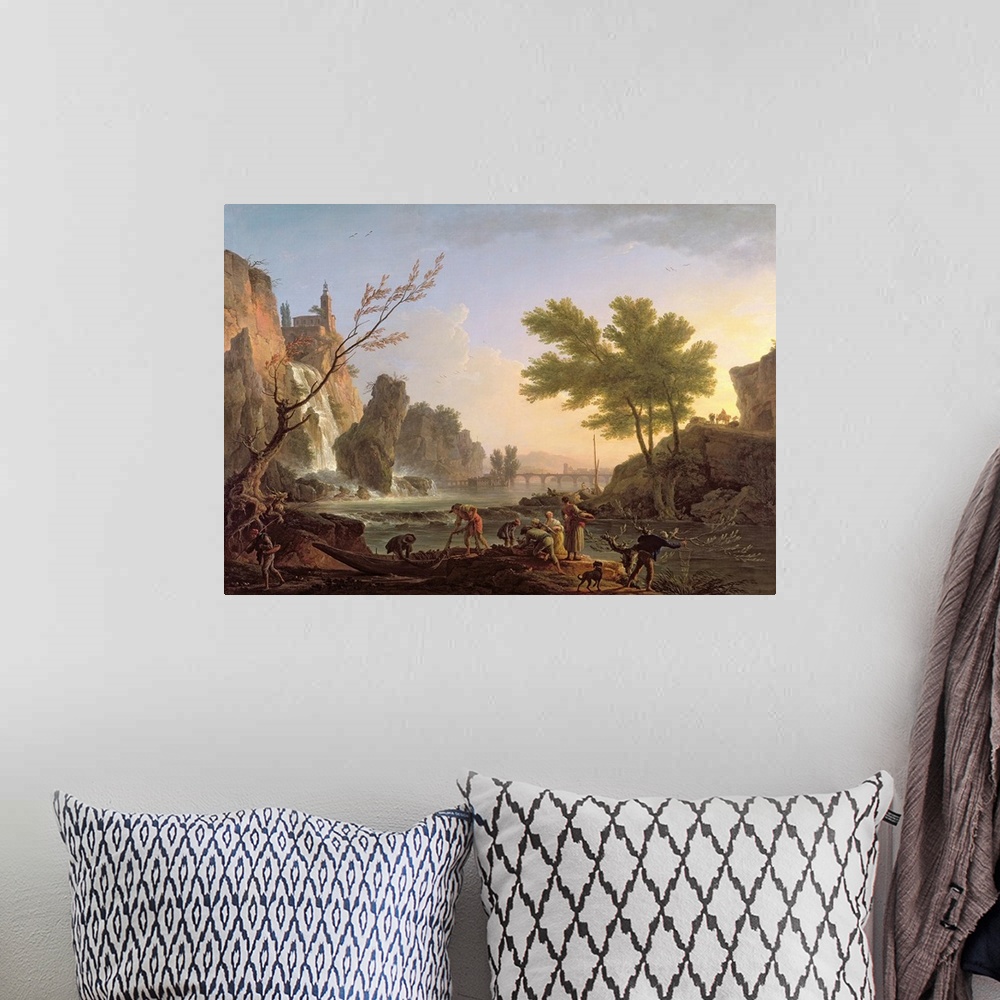 A bohemian room featuring Fisherman in a landscape with a cascade and a bridge
