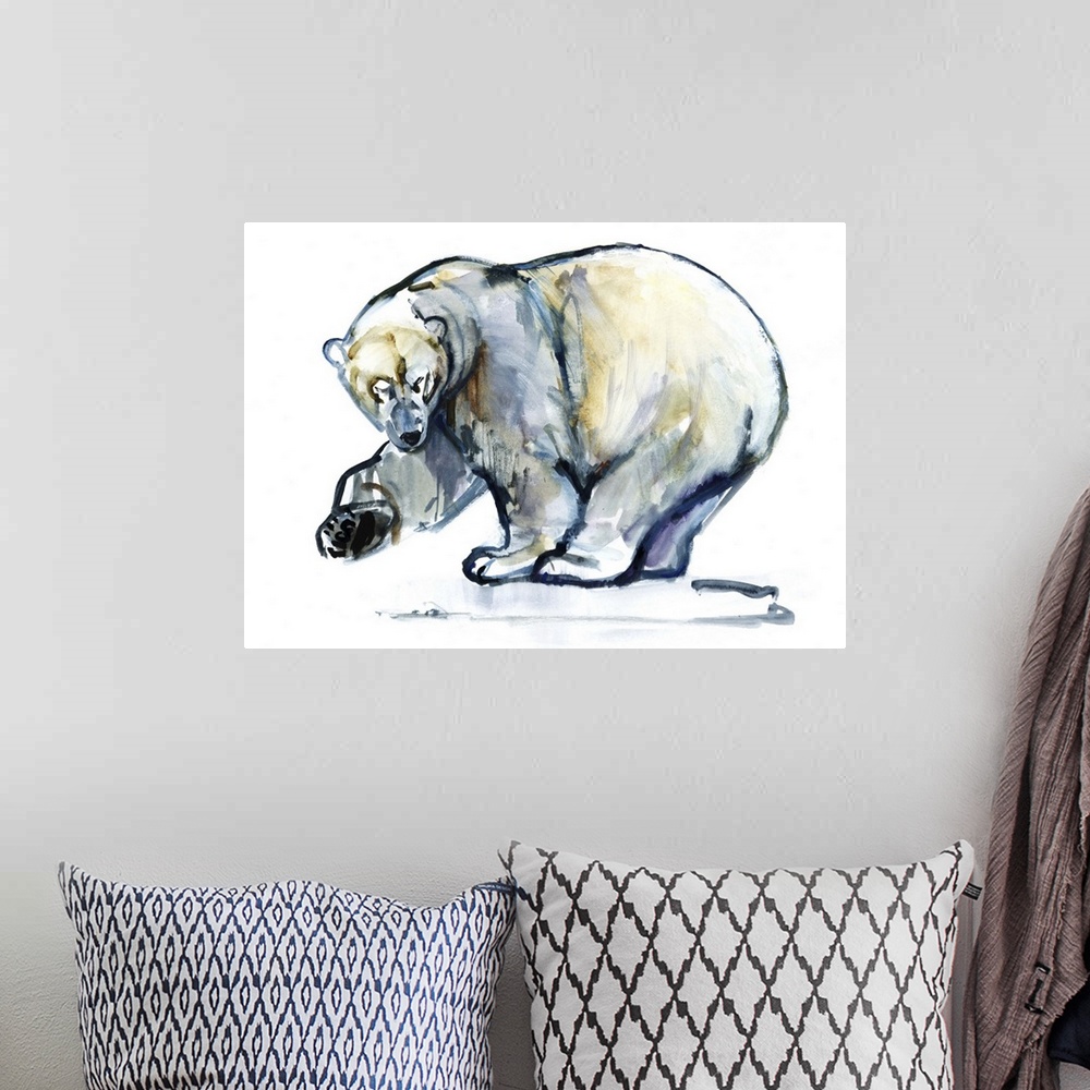 A bohemian room featuring Contemporary artwork of a polar bear raising its paw against a white background.