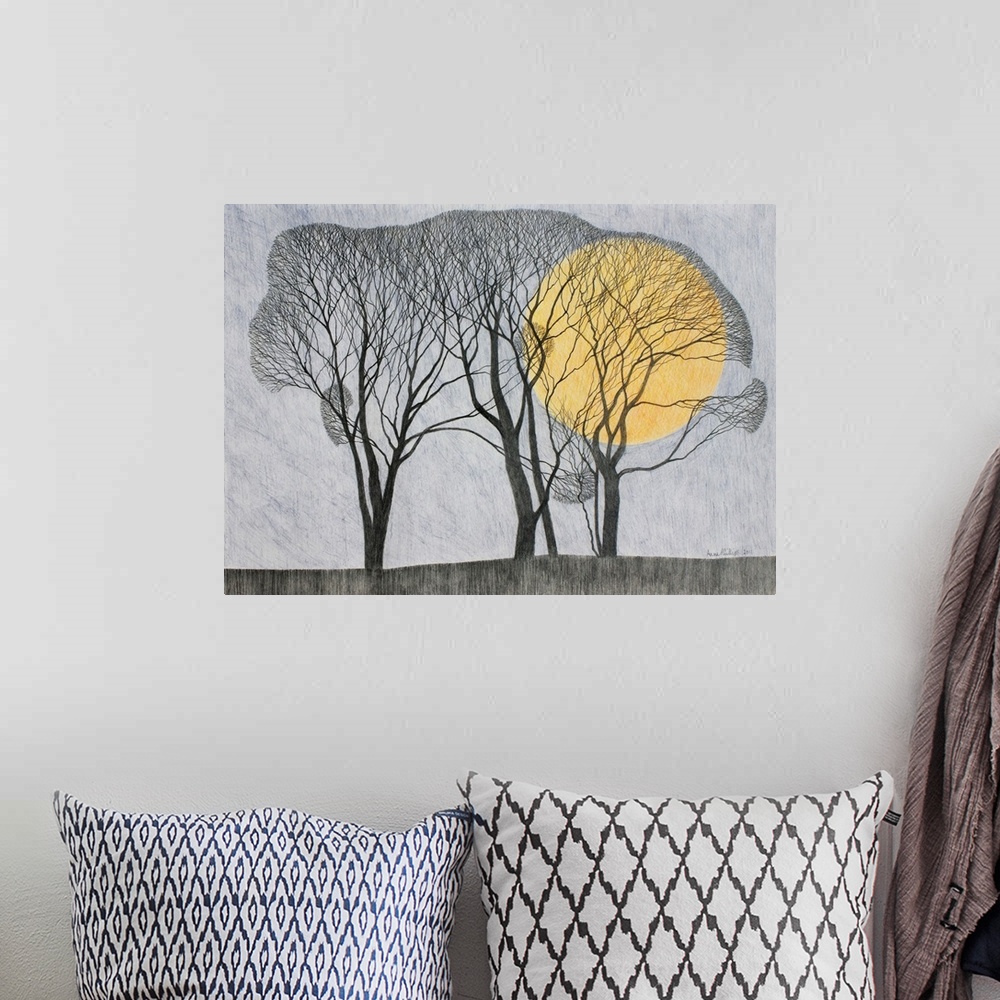 A bohemian room featuring Fine-tip drawing of bare branch trees enveloping a giant moon.