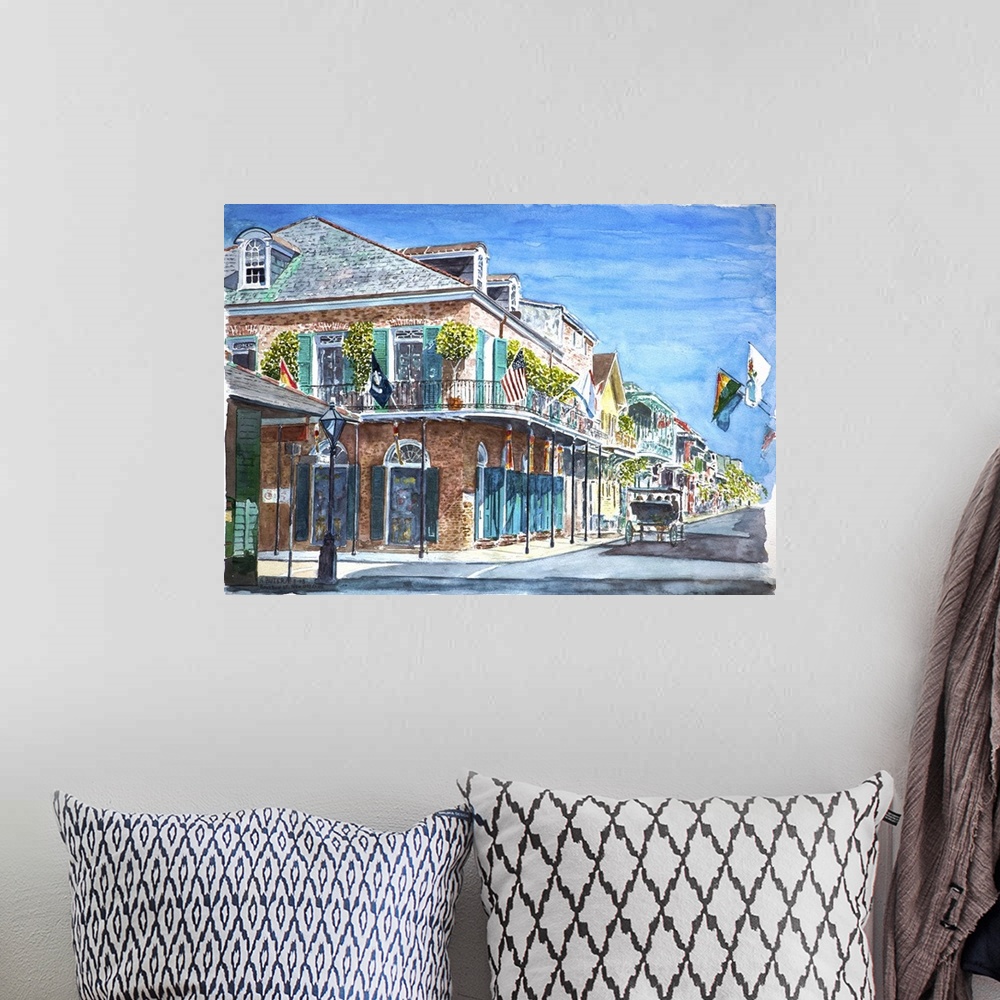 A bohemian room featuring Contemporary watercolor painting of a street in New Orleans, Louisiana, on a clear day.