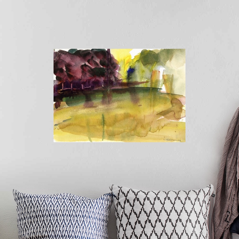 A bohemian room featuring Contemporary watercolor painting of an open field in a park.