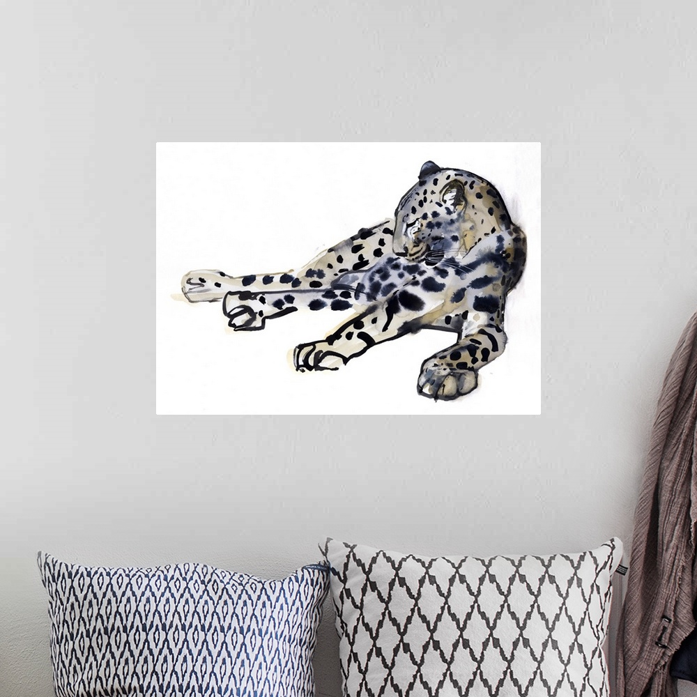 A bohemian room featuring Contemporary wildlife painting of an Arabian Leopard.