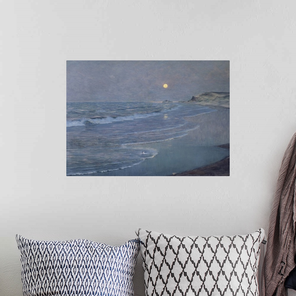 A bohemian room featuring Huge classic art depicts the waves of an ocean crashing into the sandy shoreline of a beach and r...
