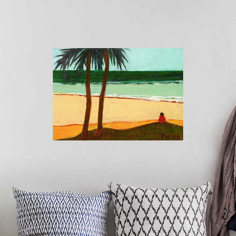 A bohemian room featuring Contemporary painting of a figure on a beach by the coast next to two palm trees.