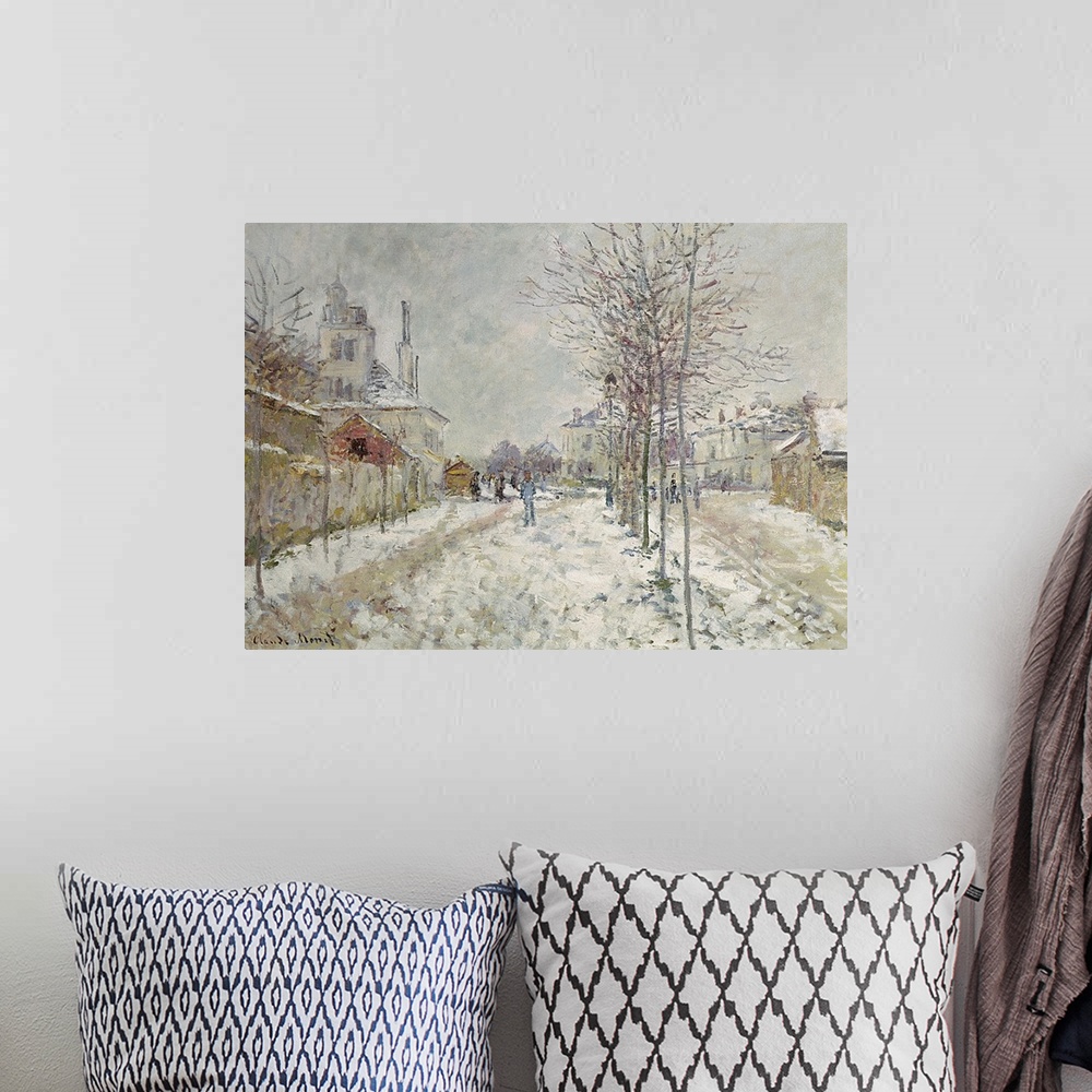 A bohemian room featuring A classic painting of a town with snow covering the tops of buildings and the ground. Frail trees...