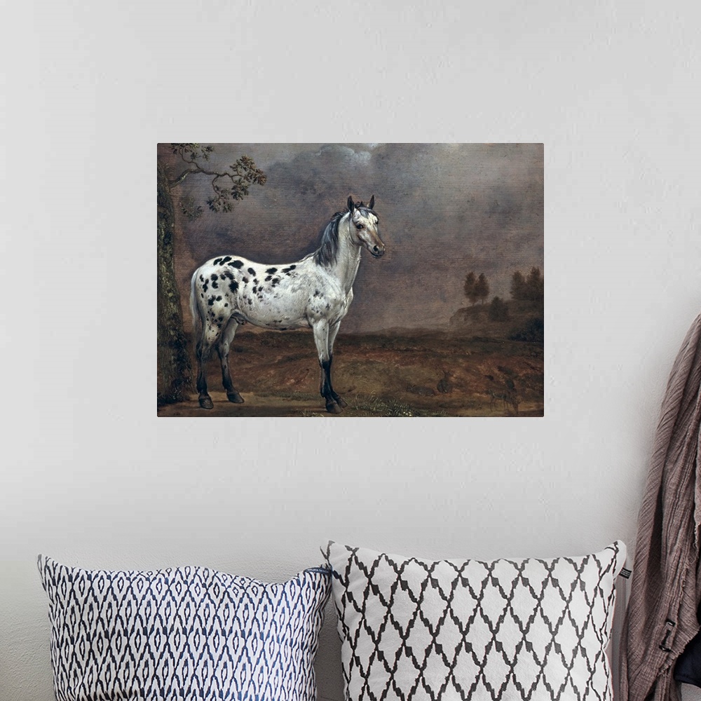 A bohemian room featuring XIR144384 The Piebald Horse, 1653 (oil on canvas)  by Potter, Paulus (1625-54); 30.5x41 cm; Louvr...