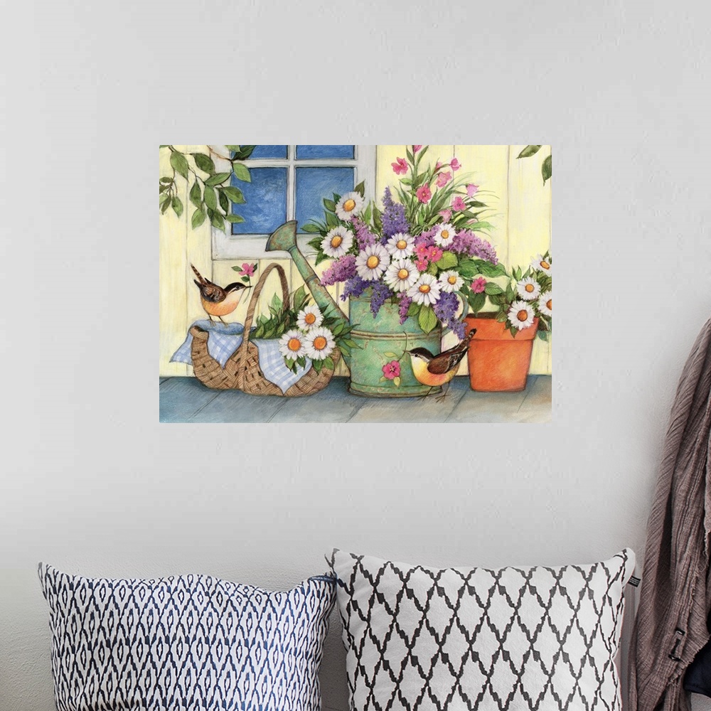 A bohemian room featuring A sweet country vignette of a watering can scene.