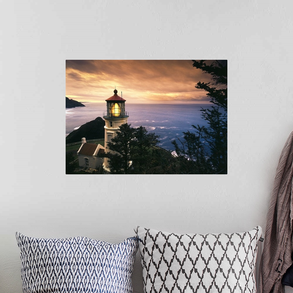 A bohemian room featuring Oregon, View of Heceta Head Lighthouse at sunset.