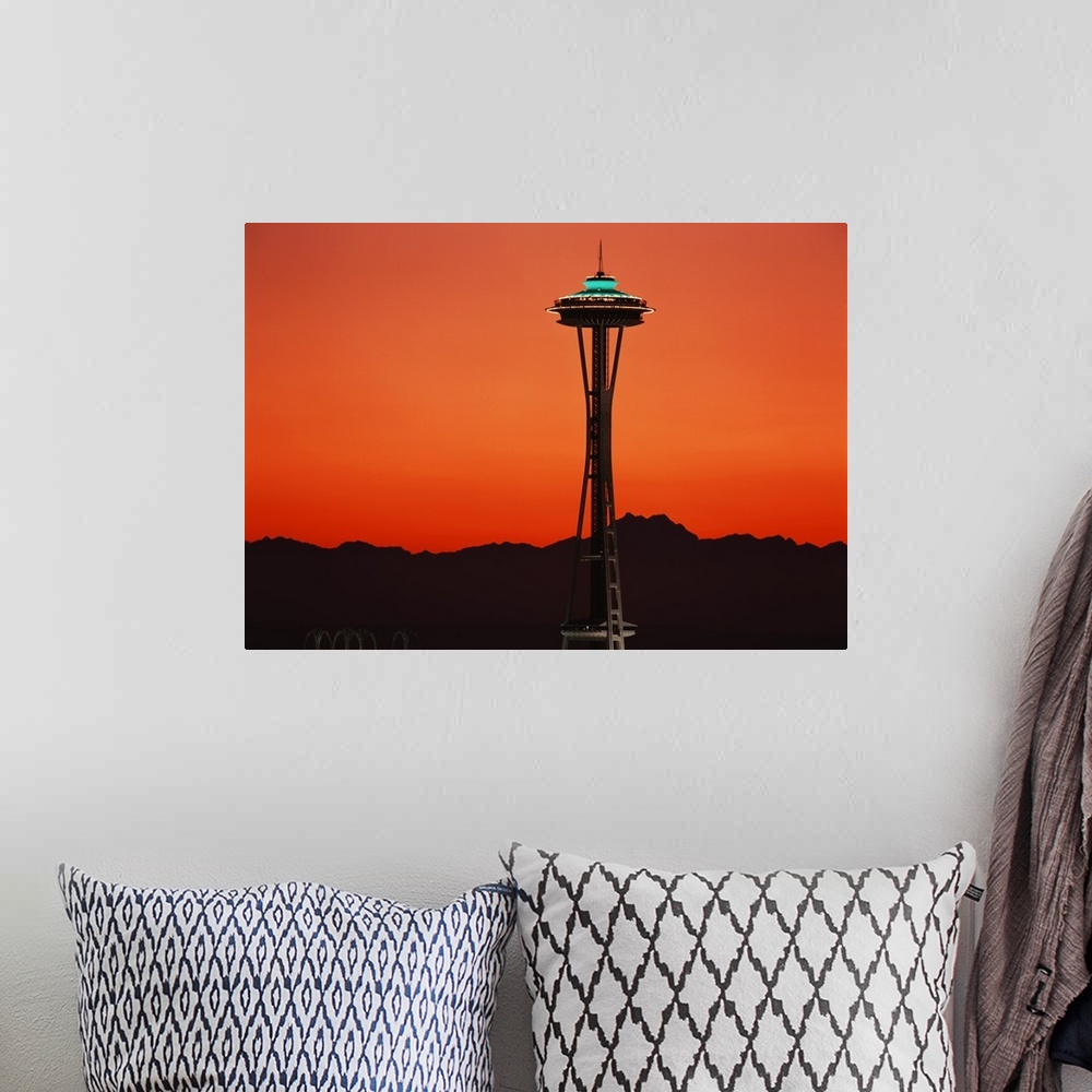 A bohemian room featuring USA, Washington, Seattle, Space Needle at sunset.
