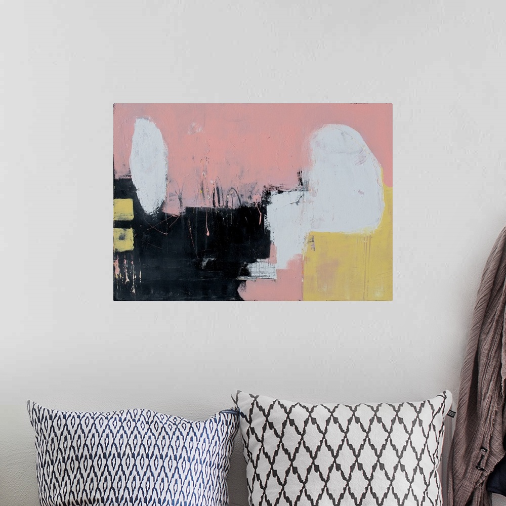 A bohemian room featuring Horizontal abstract painting with a pale pink background and white, yellow, and black on top.