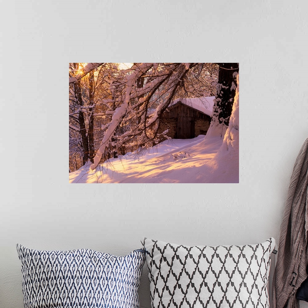 A bohemian room featuring Italy, Trentino, Val dei Mocheni, chalet at sunset