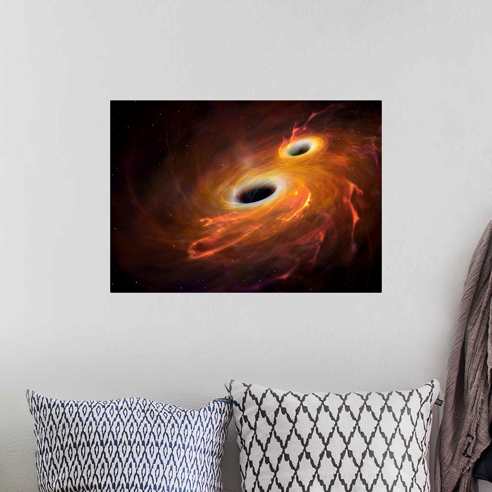 A bohemian room featuring Illustration of two black holes orbiting each other in a combined accretion disc. Eventually the ...