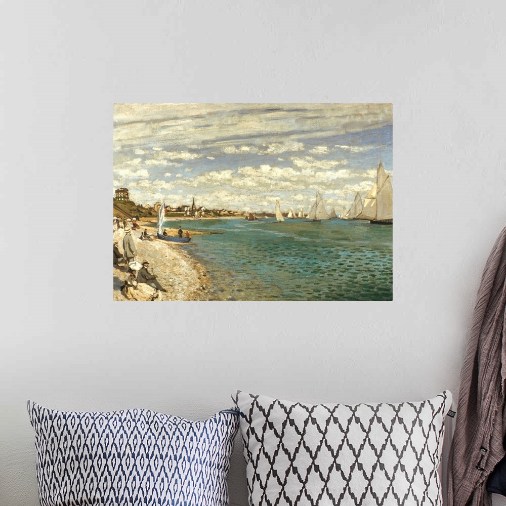 A bohemian room featuring Regatta At Sainte-Adresse By Claude Monet