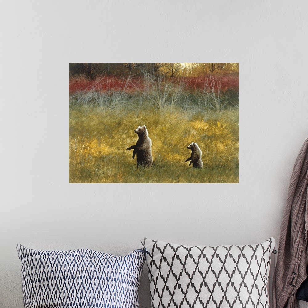 A bohemian room featuring Contemporary painting of a brown bear and bear cub walking on two legs through an Autumn field.