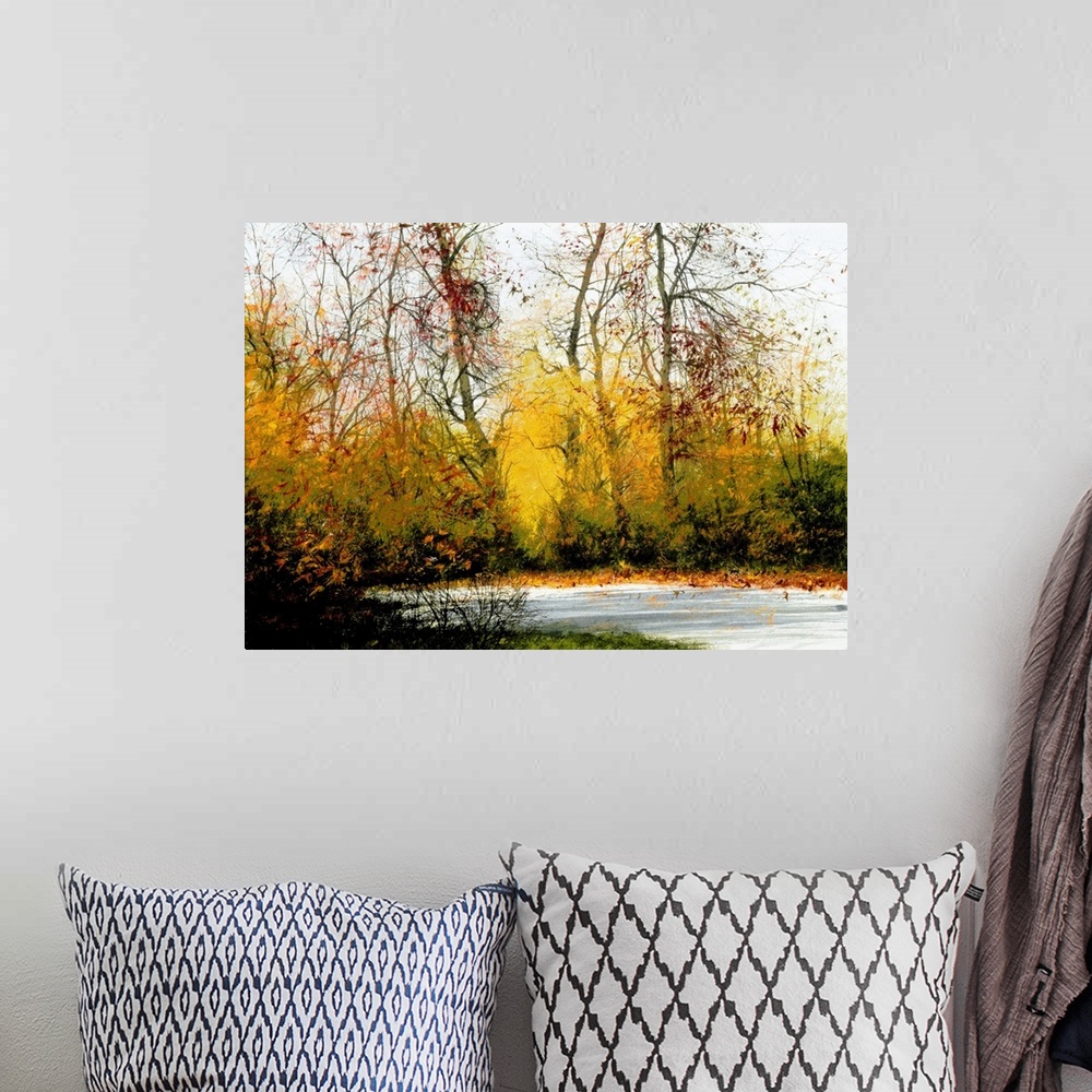 A bohemian room featuring Contemporary painting of an Autumn landscape with brightly colored trees.