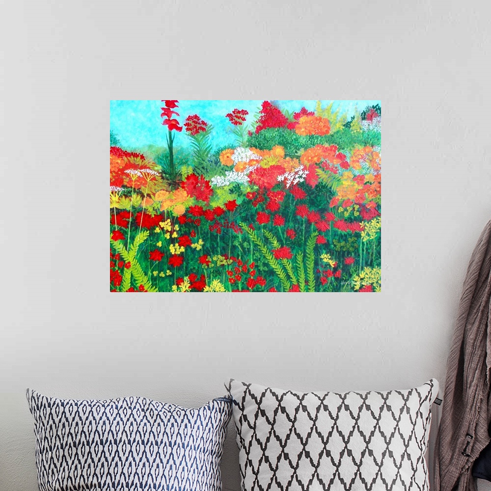 A bohemian room featuring Contemporary painting of a garden with orange, red, and white flowers surrounded by greenery and ...
