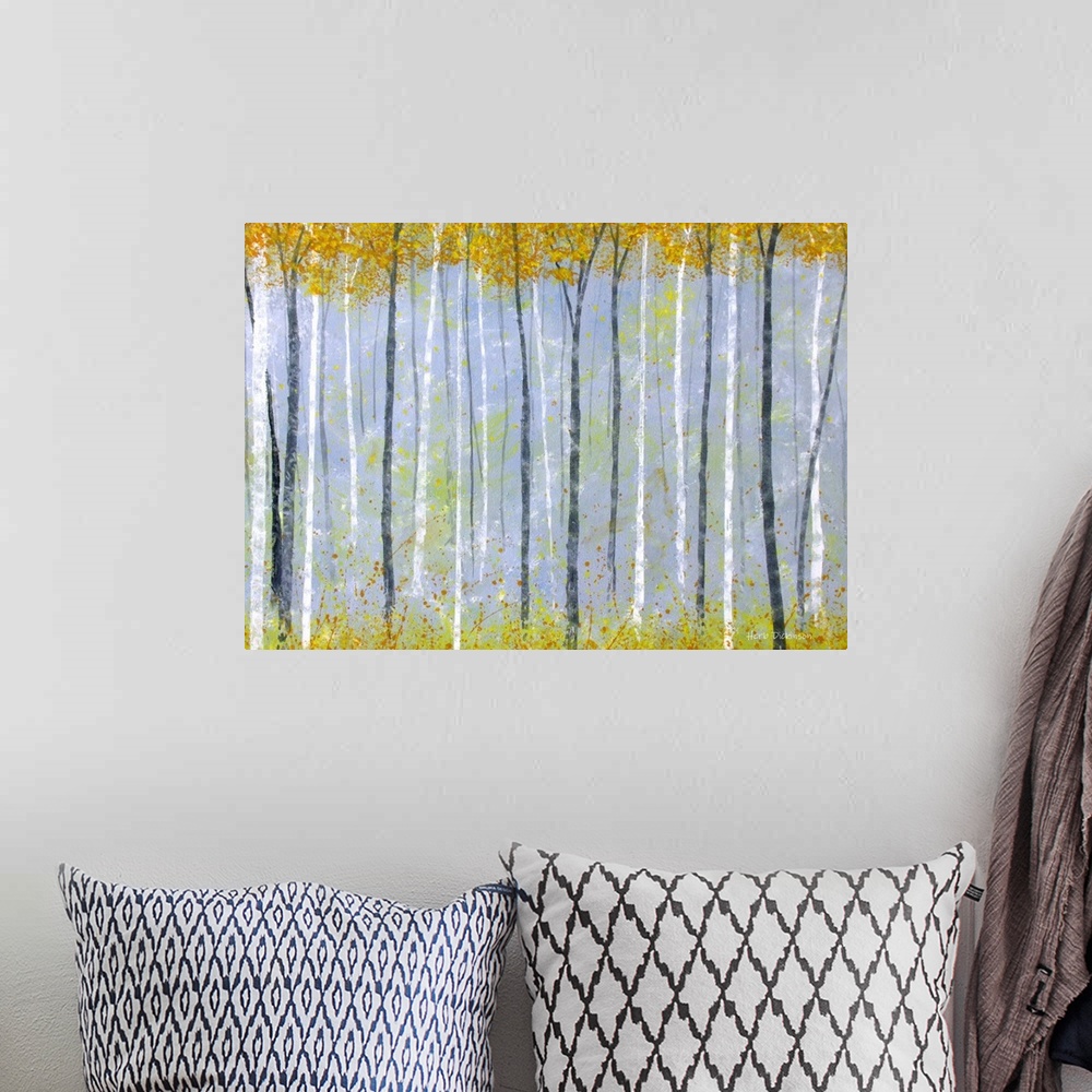 A bohemian room featuring Contemporary painting of gray and white tree trunks with yellow leaves falling from the tops of t...