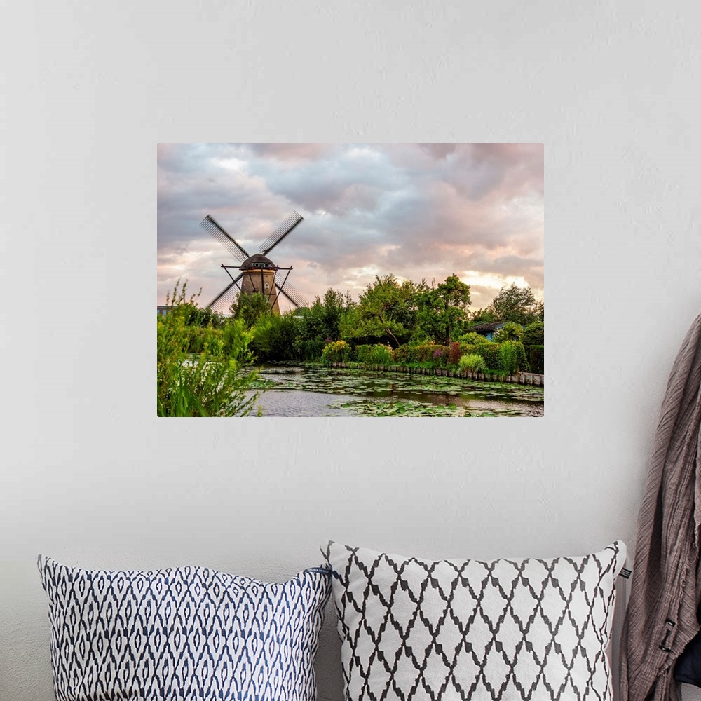 A bohemian room featuring Windmill In Kinderdijk At Sunset, UNESCO World Heritage Site, South Holland, The Netherlands