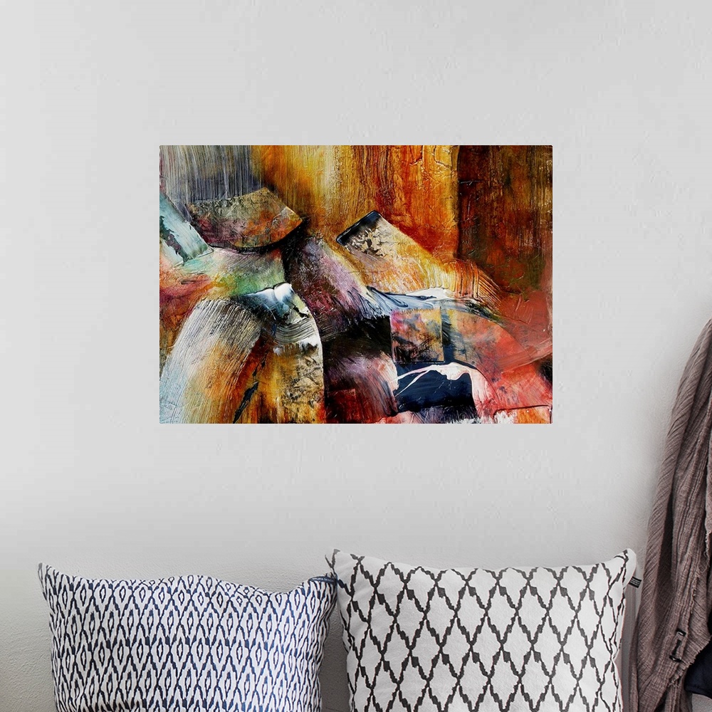 A bohemian room featuring Abstract art with colorful wide paint strokes in multiple directions