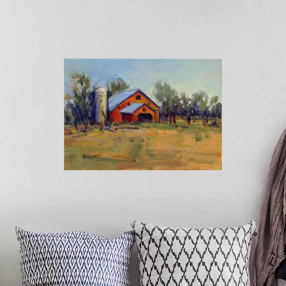 A bohemian room featuring A horizontal contemporary painting of a barn lined with trees in the afternoon light.