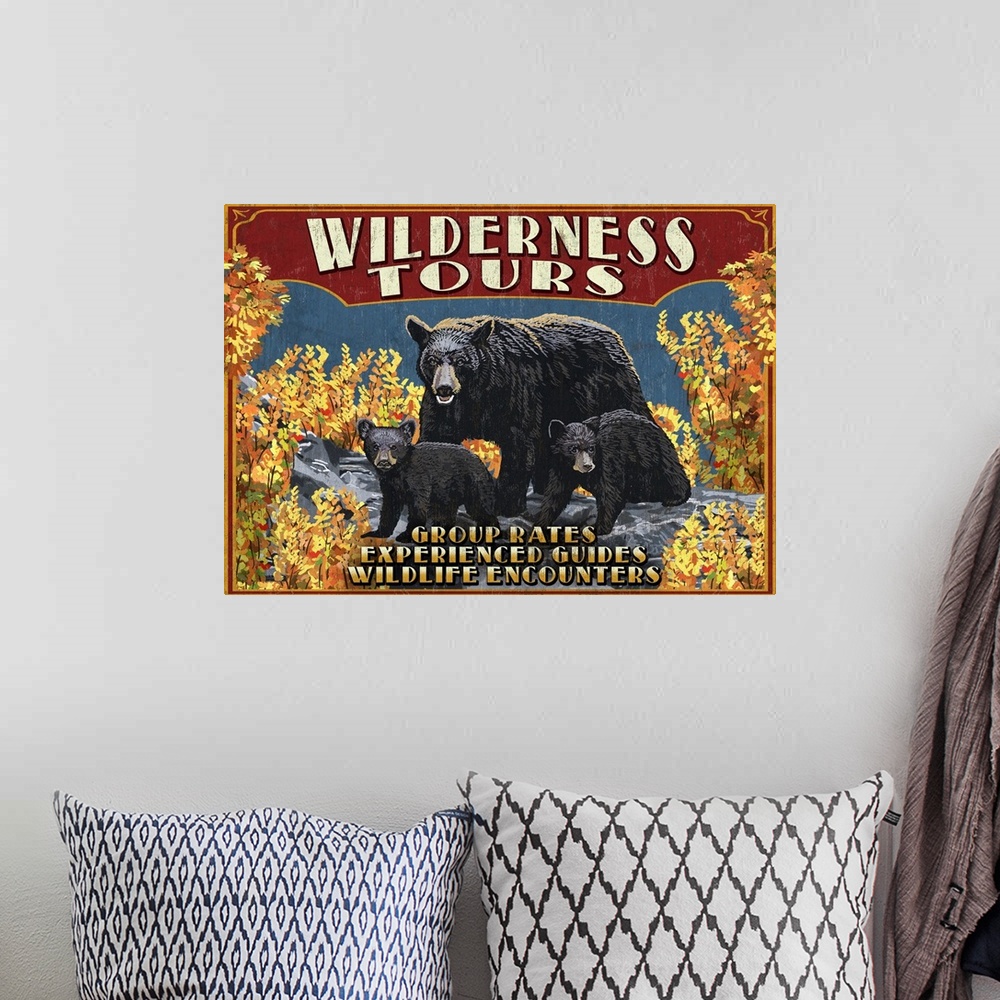 A bohemian room featuring Wilderness Tours - Black Bears - Vintage Sign