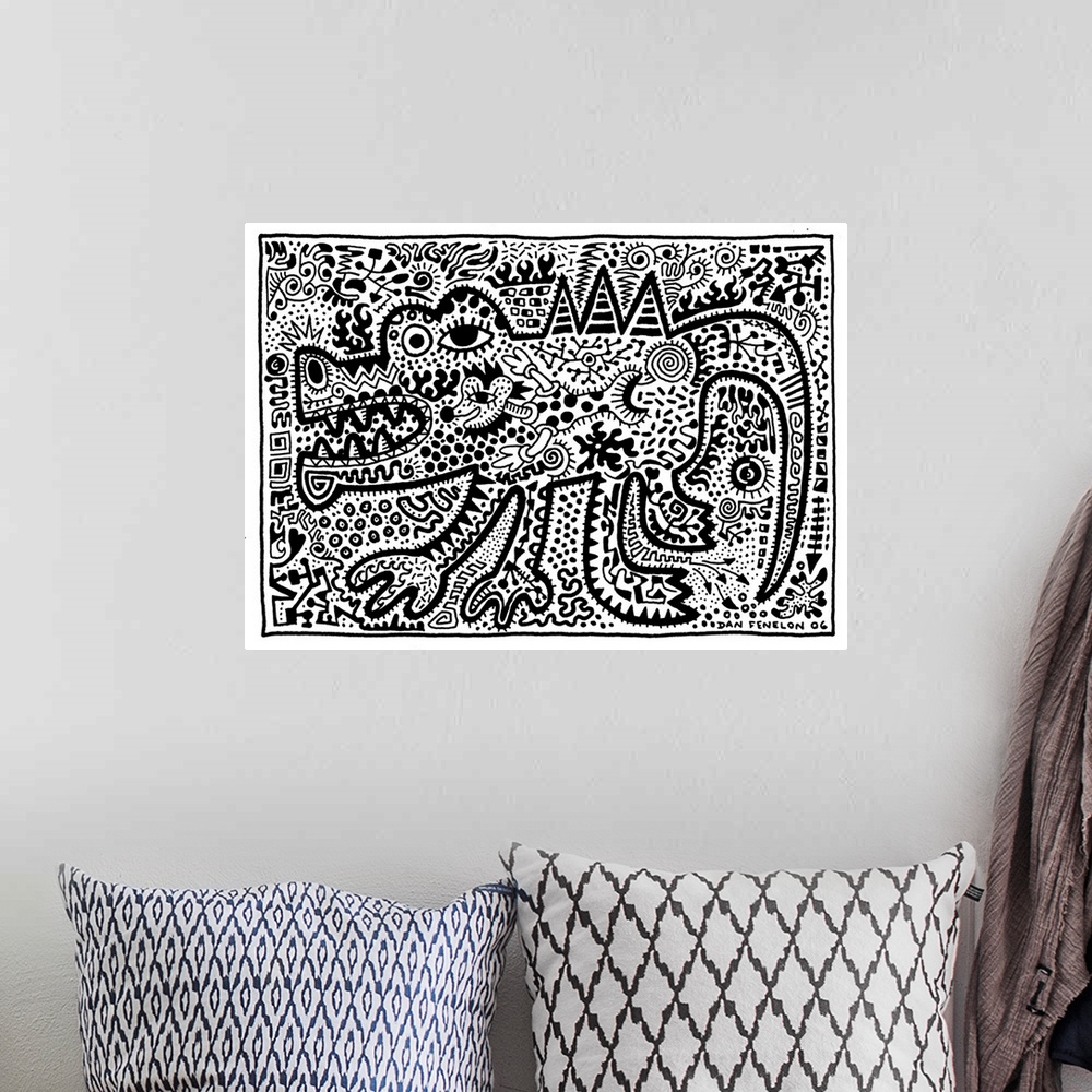 A bohemian room featuring Contemporary abstract artwork in an urban art style of a crocodile filled in with tons of intrica...
