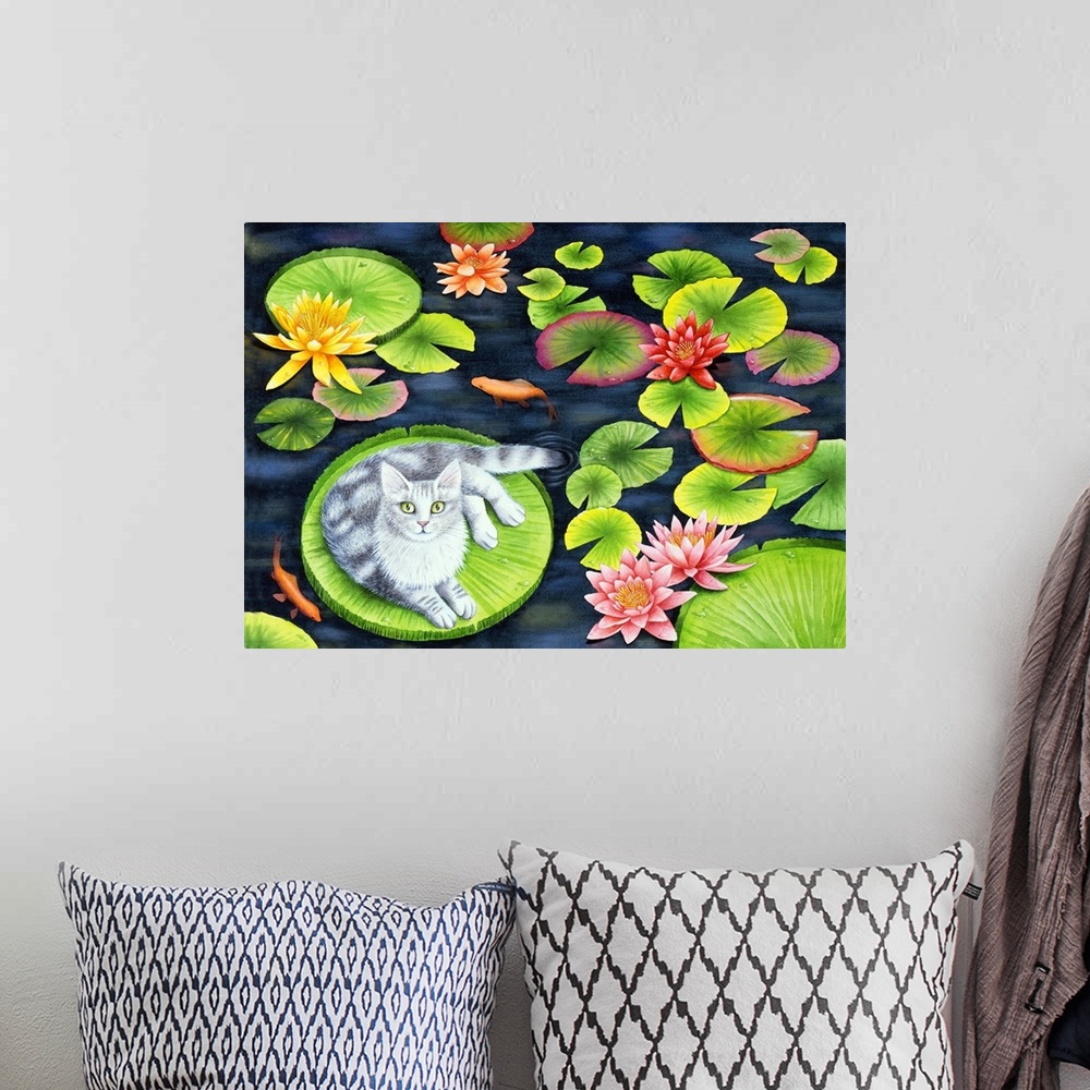 A bohemian room featuring Artwork of a gray cat laying on a big lily pad in a koi pond.