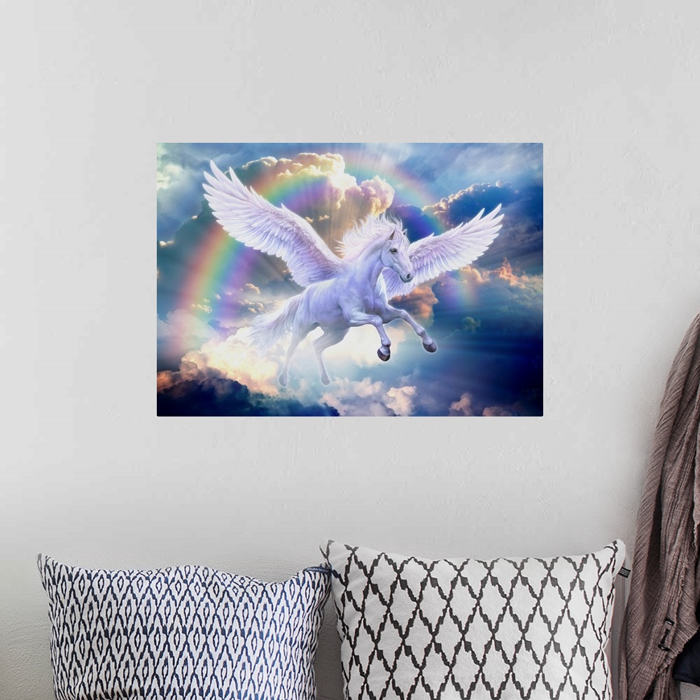 A bohemian room featuring Artwork of a white Pegasus flying through a rainbow in a sky of blue clouds.