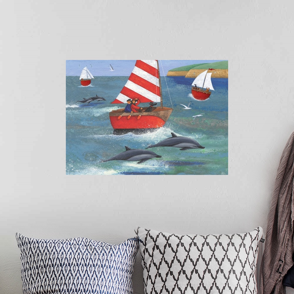A bohemian room featuring Contemporary nautical themed painting of people sailing in the bay with dolphins jumping out of t...