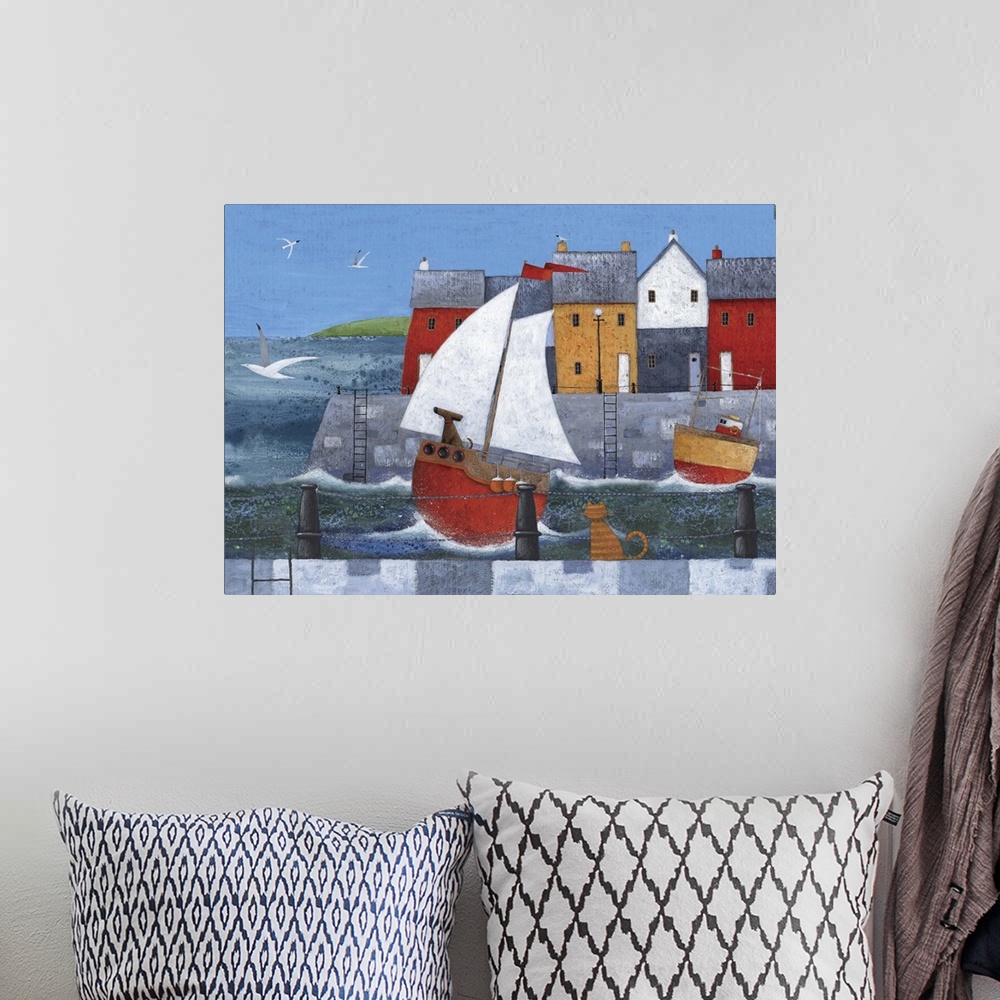 A bohemian room featuring Contemporary painting with a nautical theme of a dog riding a red sailboat in a small harbor town...