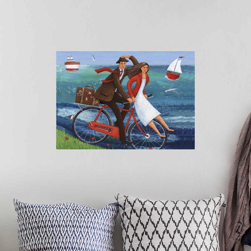 A bohemian room featuring Contemporary painting of a woman sitting on the handle bars of a red bike while a man pedals it.