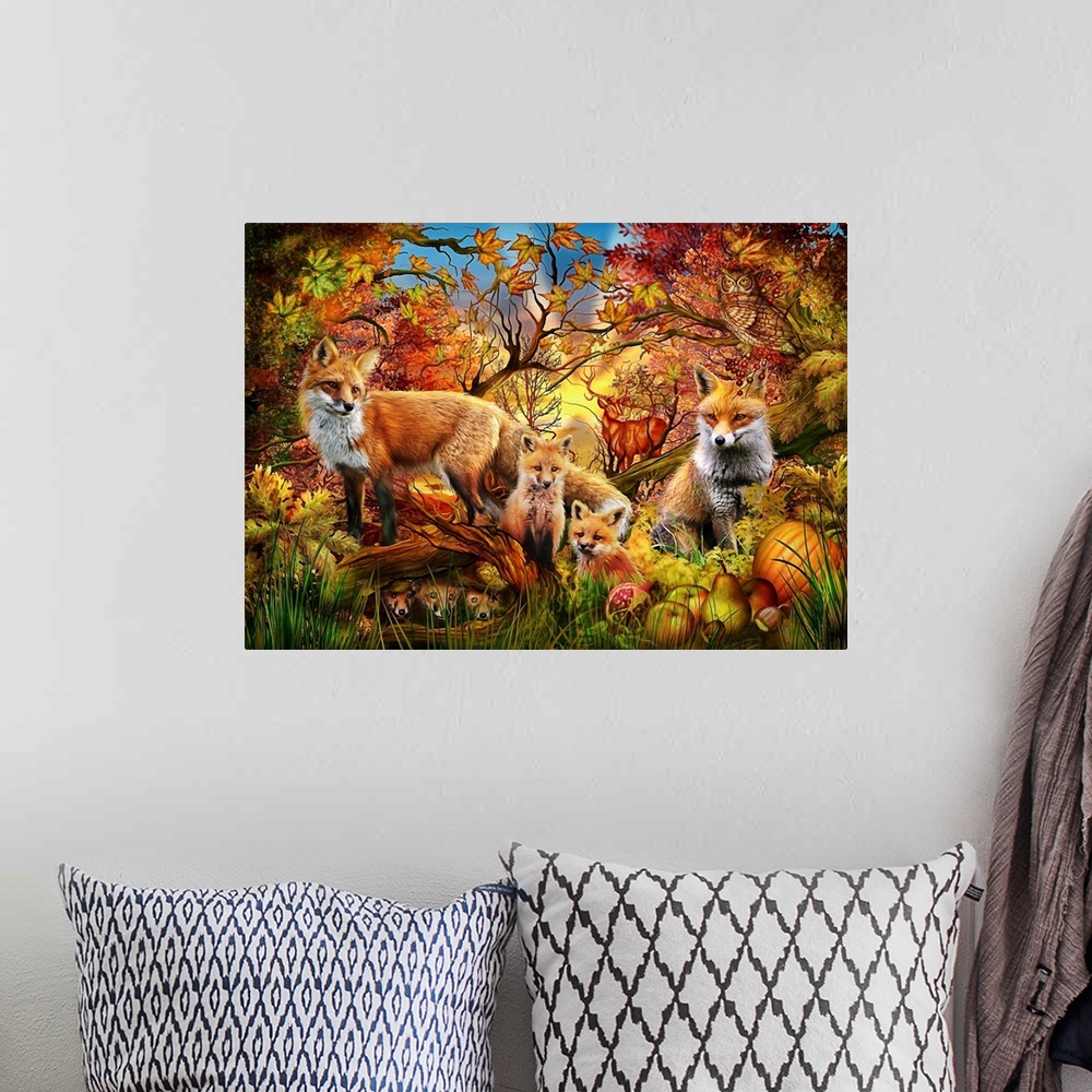 A bohemian room featuring Illustration of a family of foxes in the Fall colored woods.