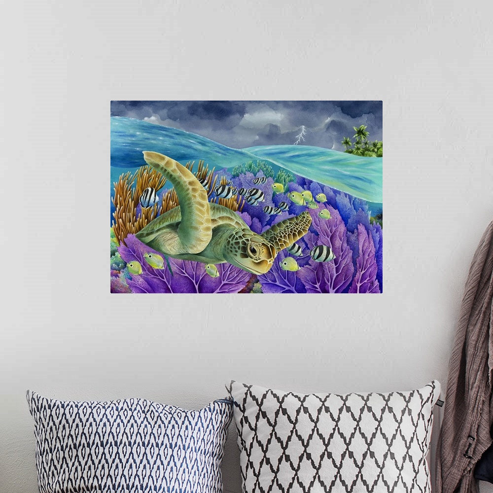A bohemian room featuring Whimsy watercolor painting of a sea turtle surrounded by tropical fish in the reefs, while overhe...