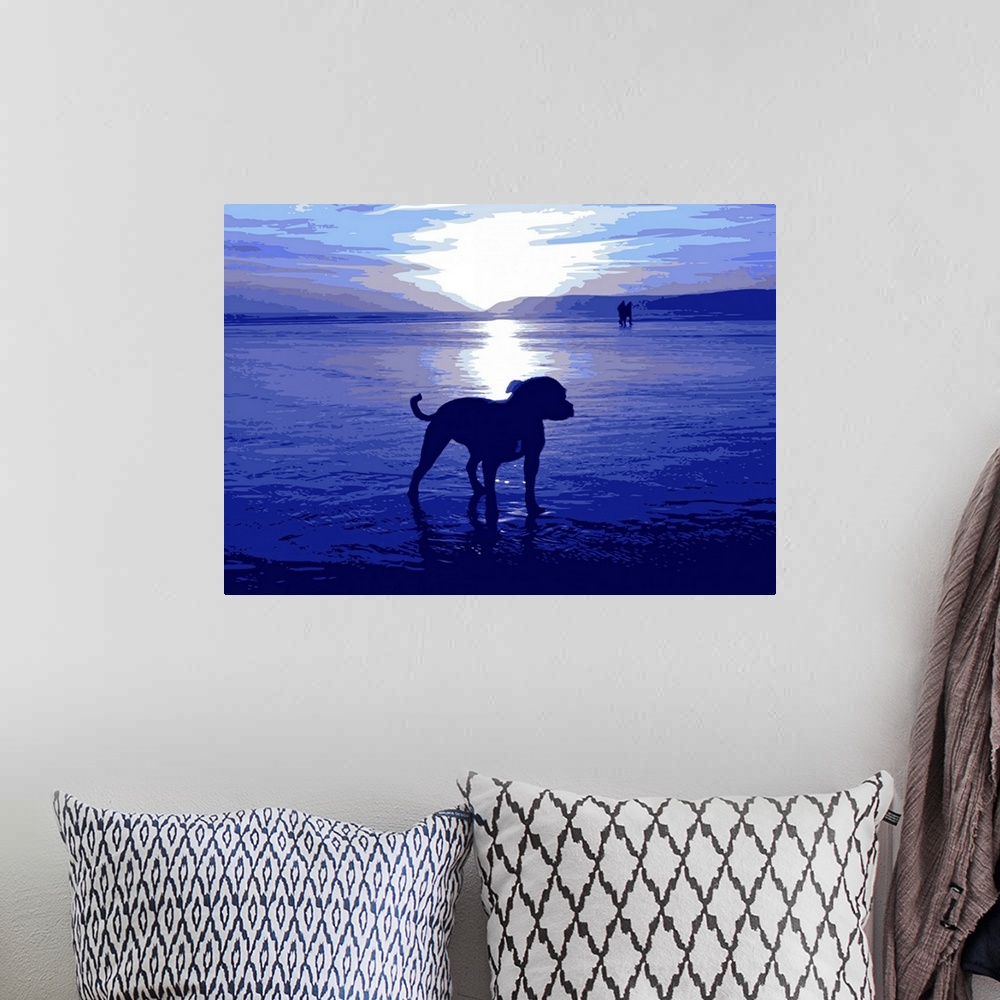 A bohemian room featuring Staffordshire Bull Terrier Dog on beach, in blue. Pop Art Print.