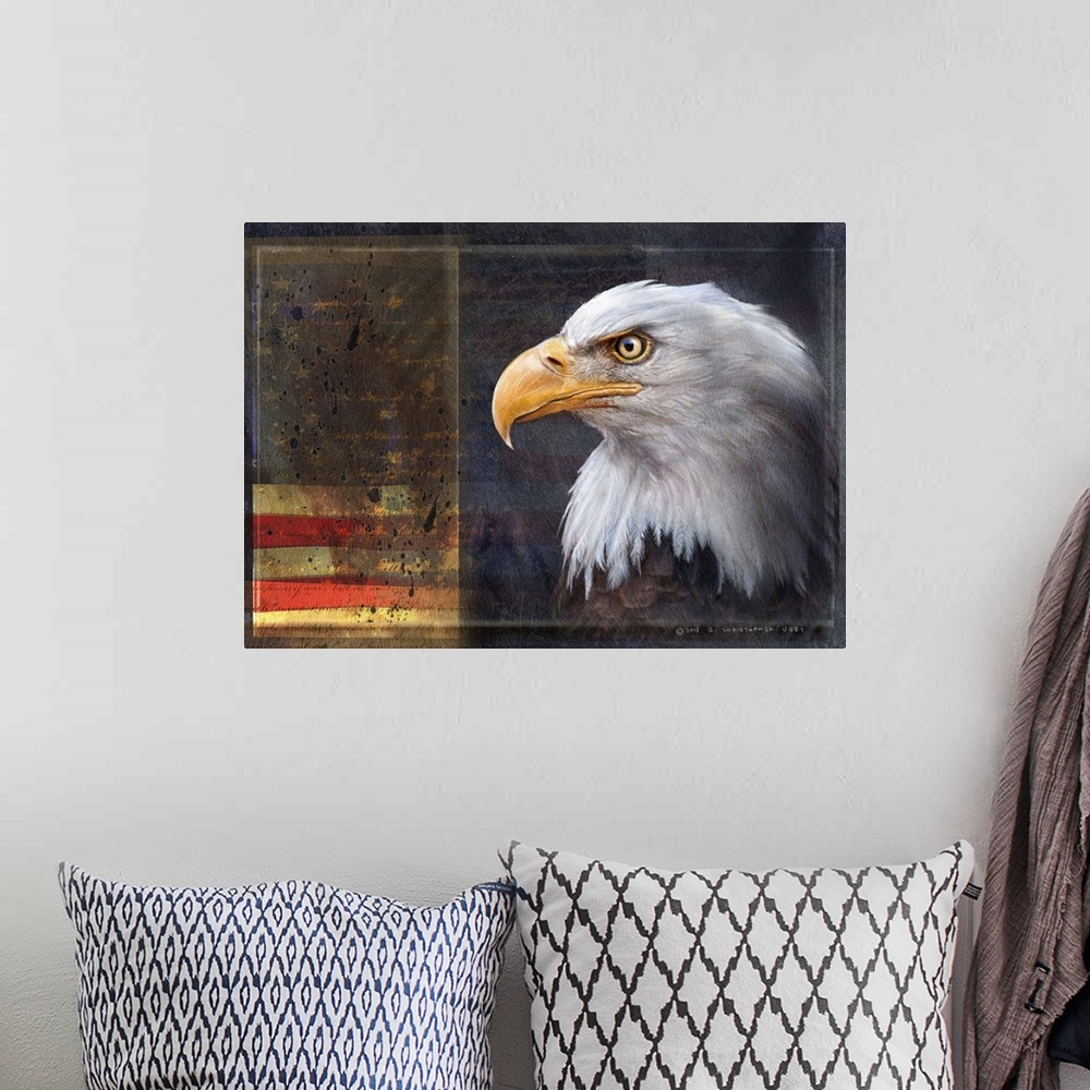 A bohemian room featuring Contemporary artwork of a portrait of an american bald eagle.