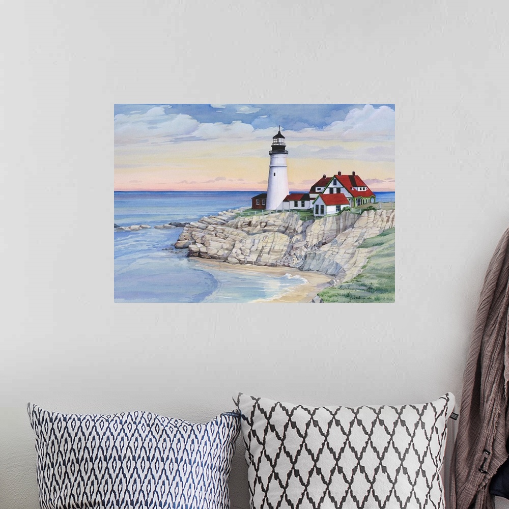 A bohemian room featuring Watercolor painting of a lighthouse on a rocky cliff overlooking the ocean.