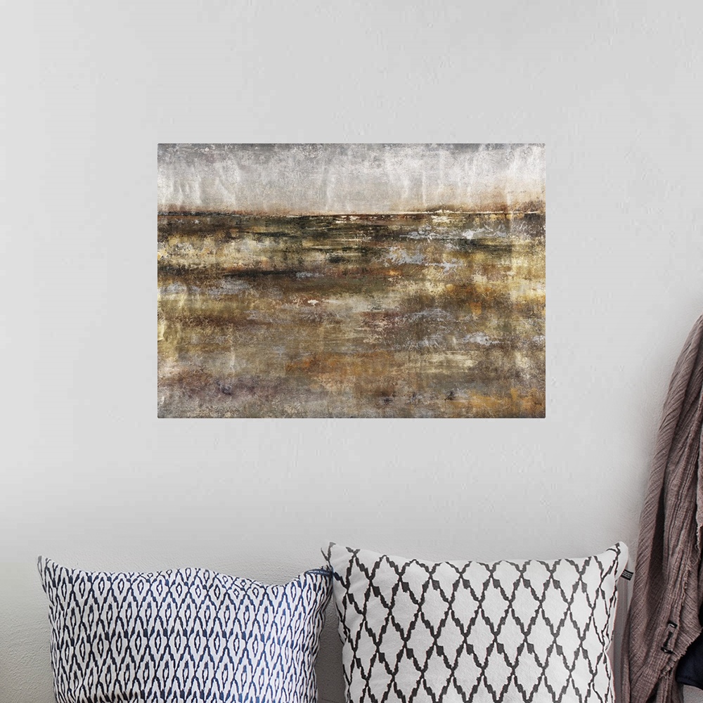 A bohemian room featuring A contemporary abstract painting using earthy tones and gritty looking textures.