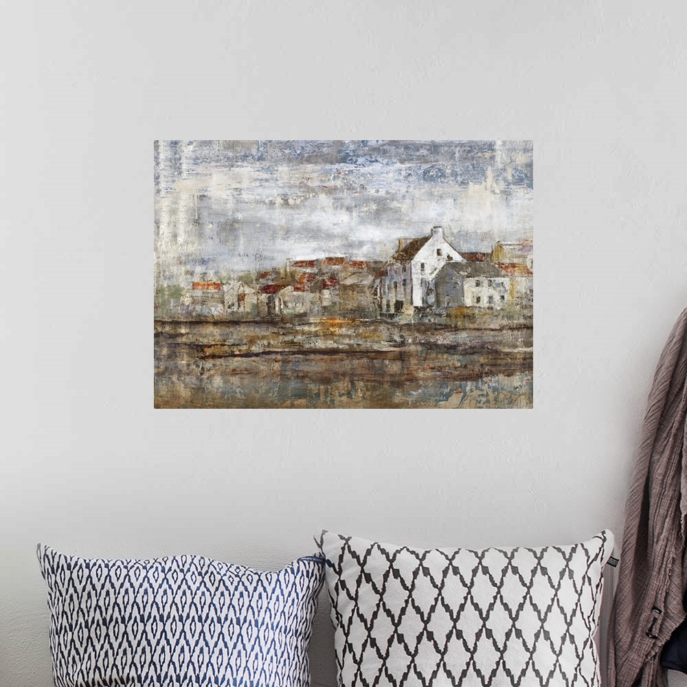 A bohemian room featuring Contemporary artwork of a village in the countryside in the fall.