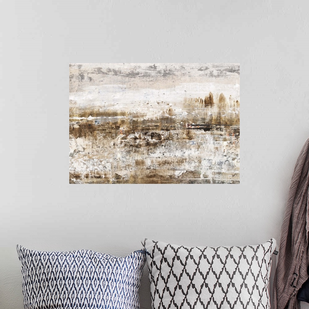 A bohemian room featuring A contemporary abstract painting using earthy tones and rough textures.