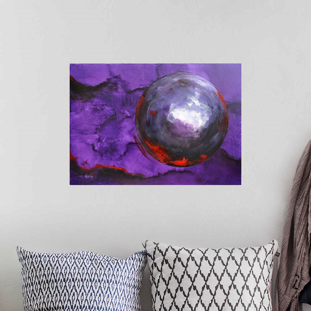 A bohemian room featuring Abstract painting of circles and bold textures of paint in colors of purple, white and red.
