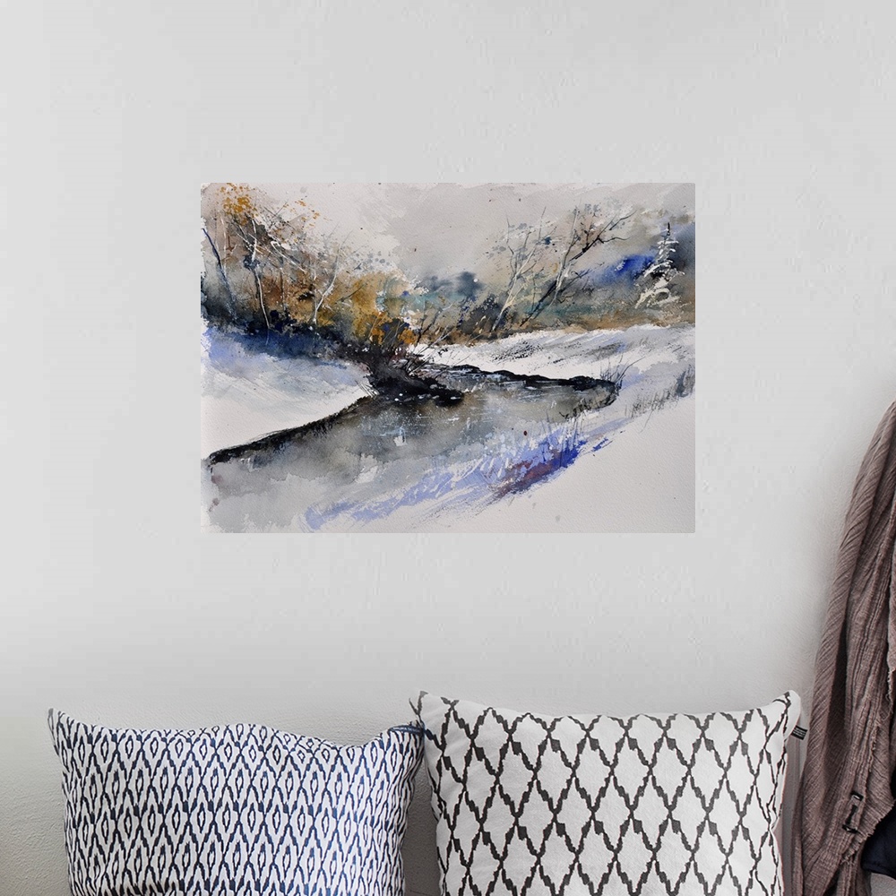 A bohemian room featuring Horizontal watercolor painting of a river winding through the woods in neutral colors of gray, bl...