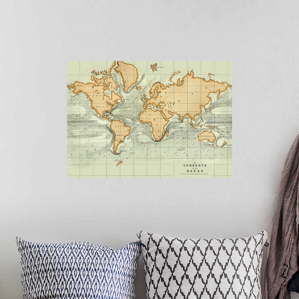 A bohemian room featuring Map of ocean currents. The direction of the currents is marked by arrows. There are 17 major surf...
