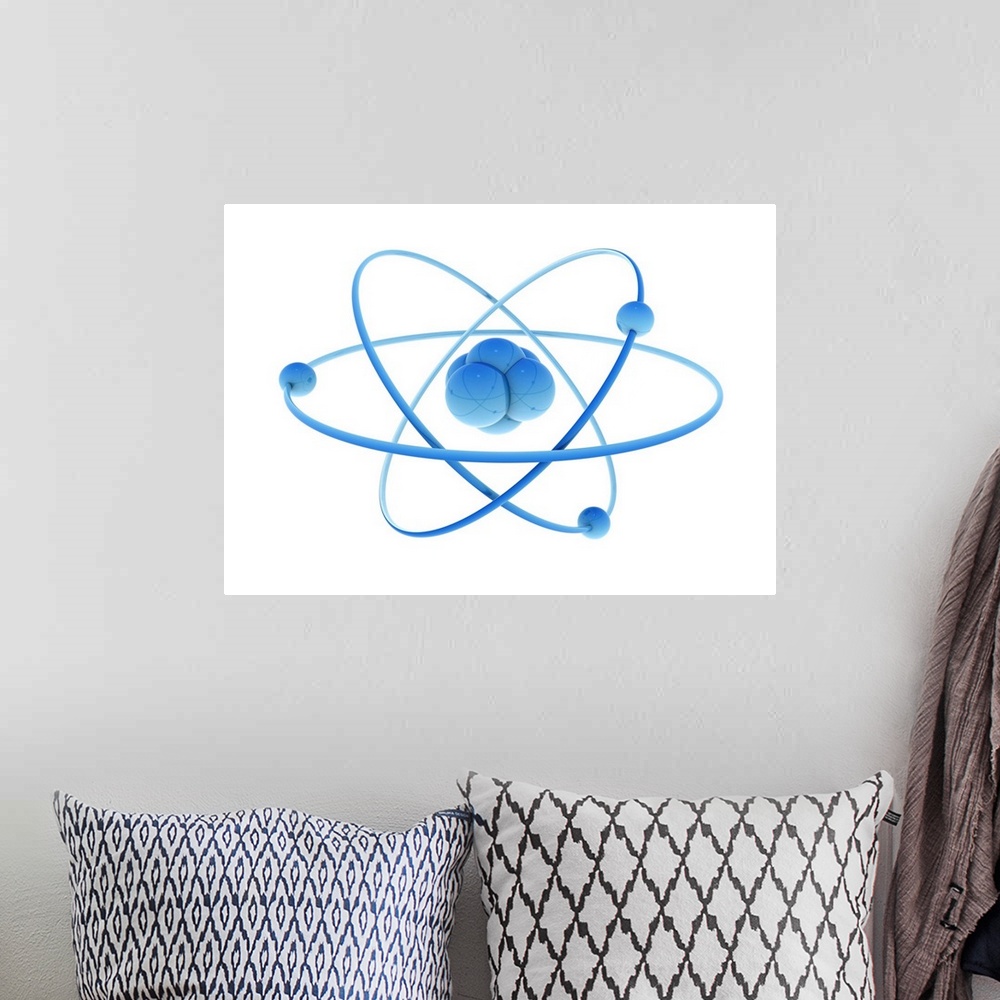A bohemian room featuring Blue atoms and nucleus, illustration.