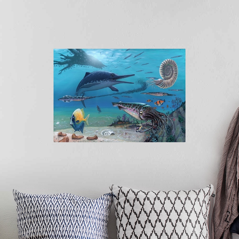 A bohemian room featuring Ichthyosaur and prey. Artwork of an Ichthyosaurus marine reptile (centre left) hunting its prey, ...