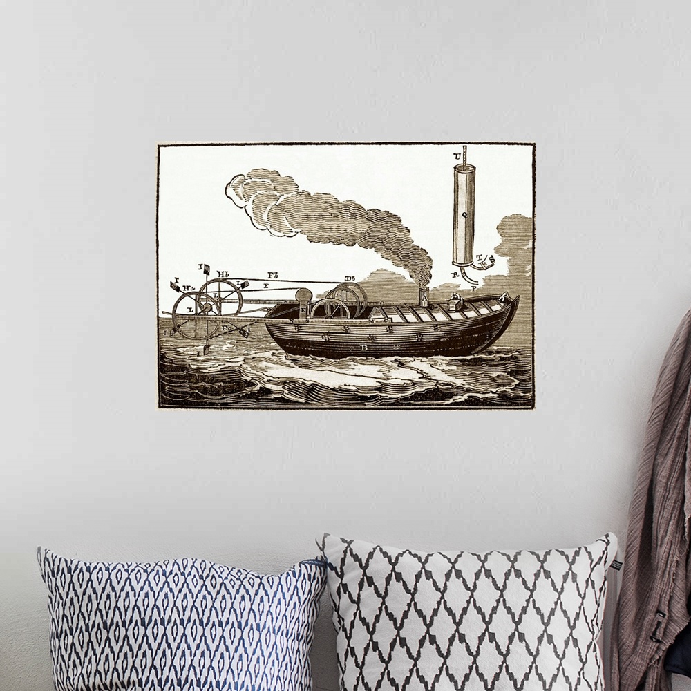 A bohemian room featuring Jonathan Hulls' steamboat, historical artwork. A patent for this steam-powered towboat was taken ...