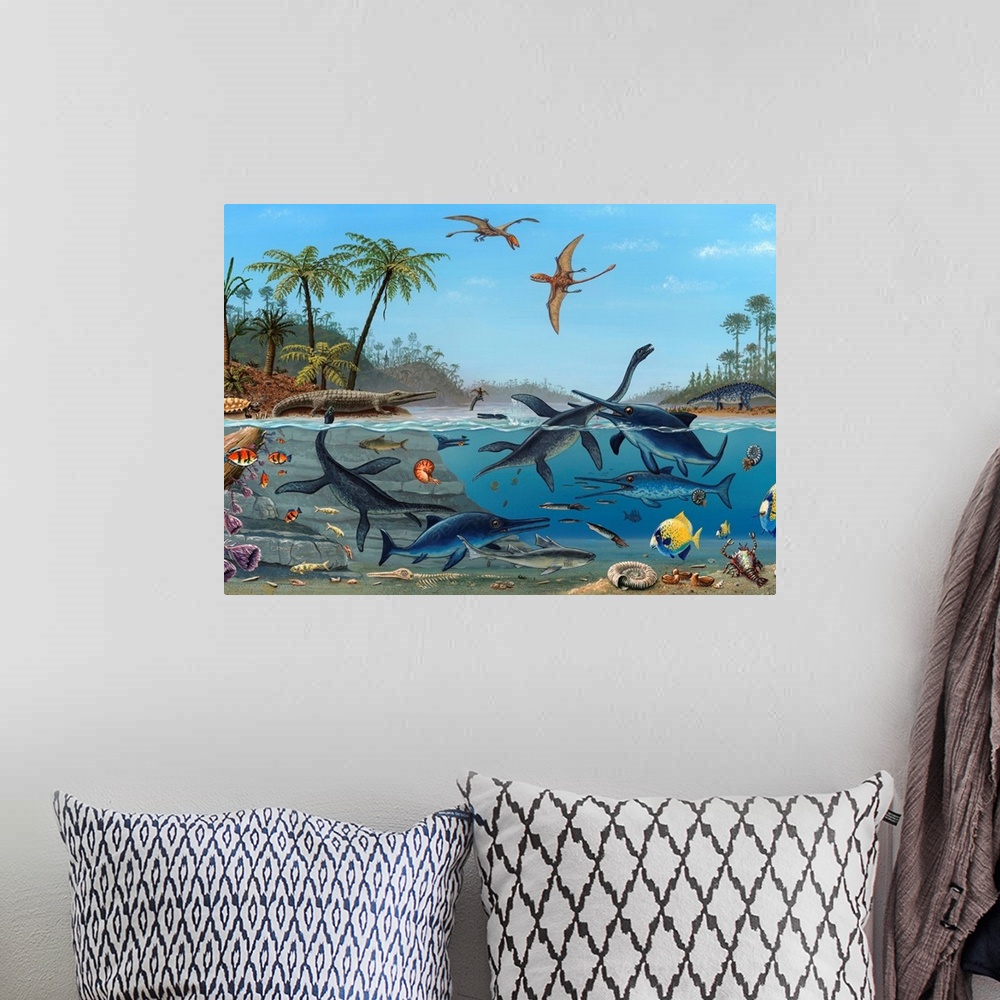 A bohemian room featuring Jurassic landscape. Coloured updating of the famous artwork Duria Antiquior (Ancient Devon), pain...