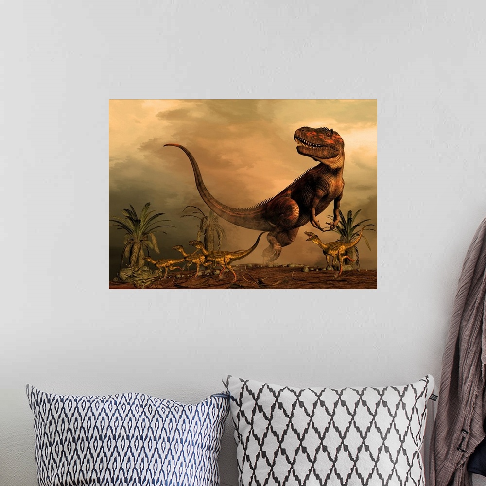 A bohemian room featuring A Torvosaurus on the prowl while a group of Ornitholestes flee a hasty retreat.