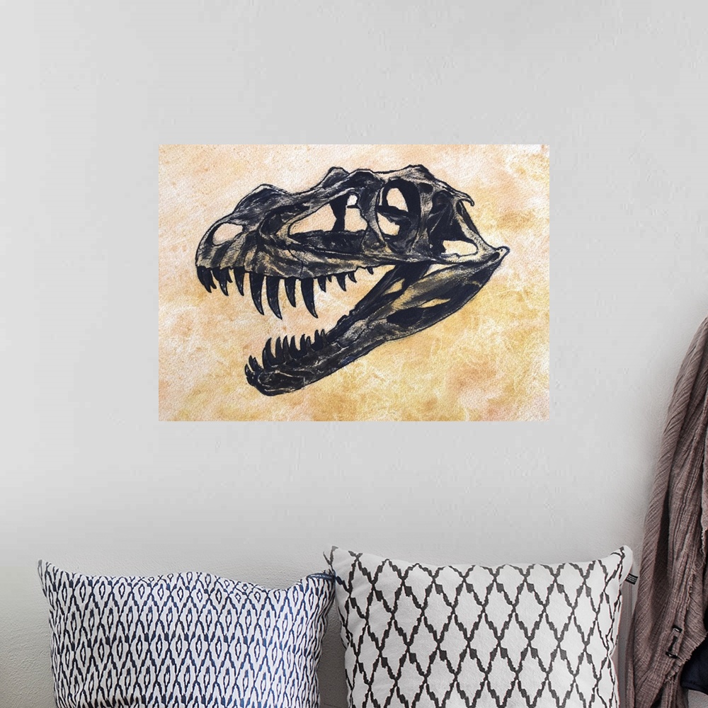 A bohemian room featuring Ceratosaurus dinosaur skull on textured background.