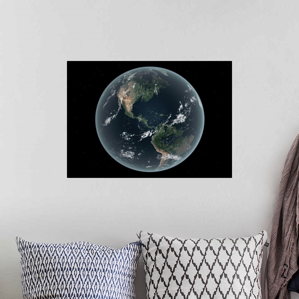 A bohemian room featuring This is how the Earth's Western hemisphere may appear with average sea level about 100 meters (33...